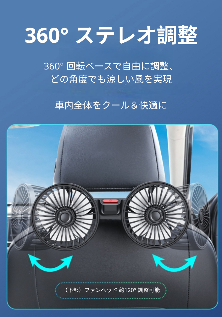 Reikan AirFlex Duo™|360°回転&3段階風量調整付き デュアルUSB車載ファン【夏の車内を快適に】
